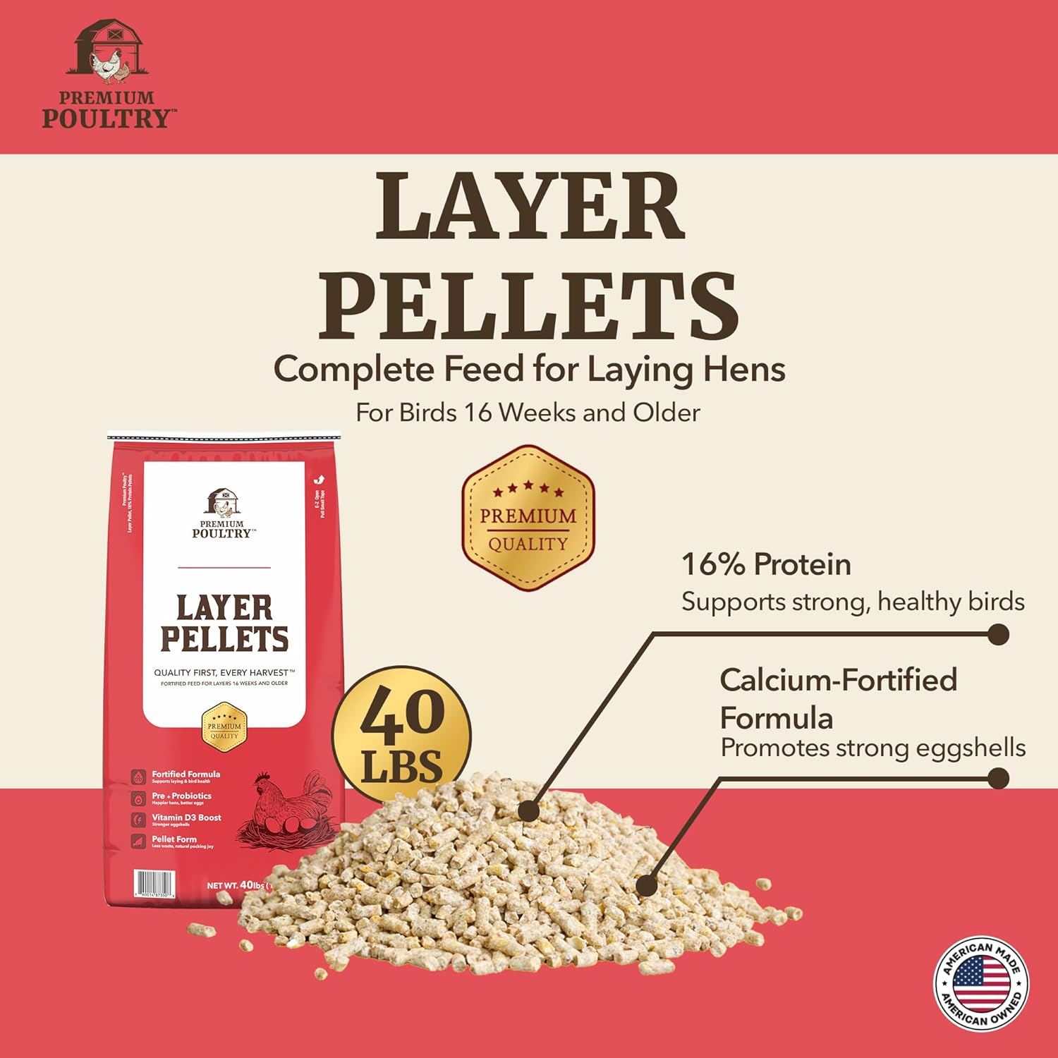 Layer Pellets Chicken Feed for Laying Hens, 16% Protein Complete Poultry Feed with Prebiotics & Probiotics, Supports Digestion, Nutrient Absorption, Strong Eggshells & Egg Production