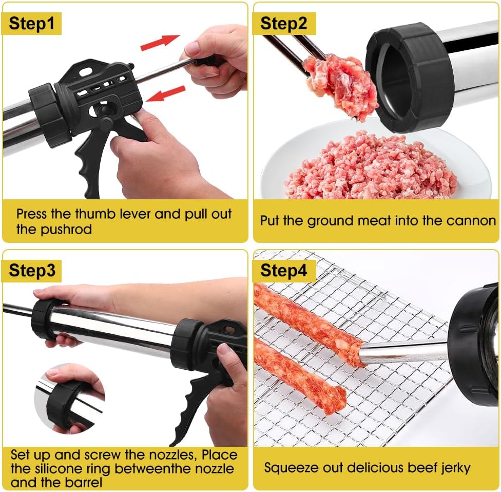 Jerky Gun Kit, 1 LB Stainless Steel Manual Sausage Stuffer Professional Jerky Maker Beef Jerky Making Tool with 5 Nozzles, 2 Brushes, Meat Pusher for Home Kitchen Restaurant