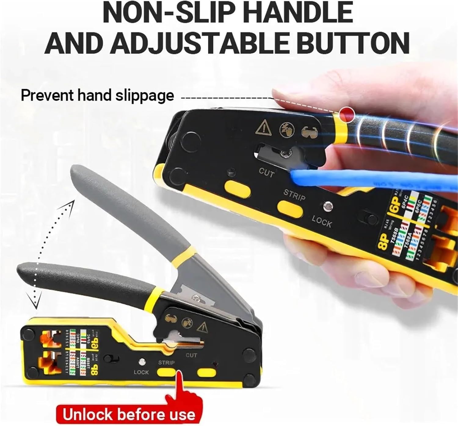 EZ-Type RJ45 Network Crimper - 3-in-1 Crimp/Cut/Strip Lan CAT8/7/6A/6/5E (STP/UTP) & RJ11/12 Tel Modular Cable (AM-6088)