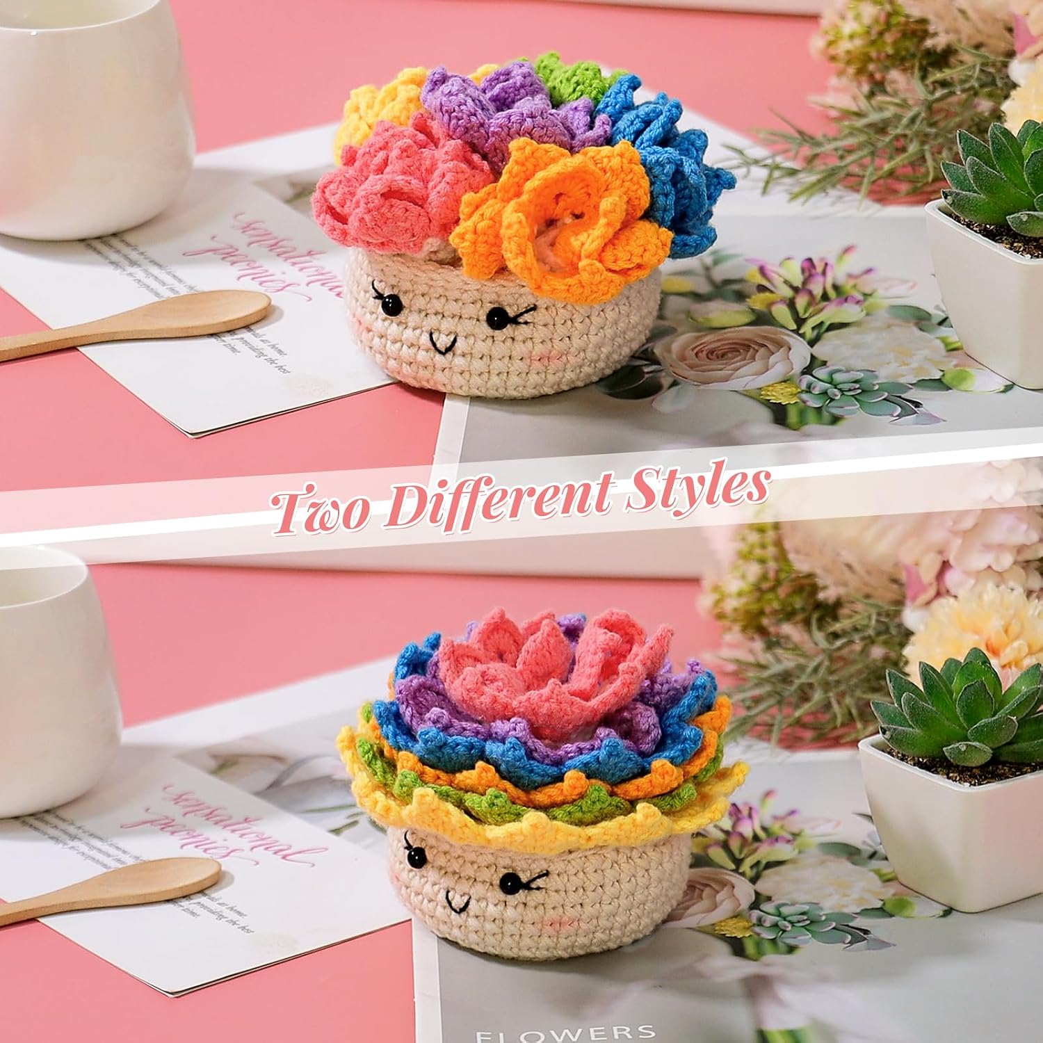 LOMOHOO Crochet Kit for Beginners, 6PCS Crochet Coasters Kit, Flower Potted Plant Crochet Kit with Crochet Hook, Colorful Yarn, Stitch Marker, Instruction, Craft Lover DIY Material Tools(Colorful)