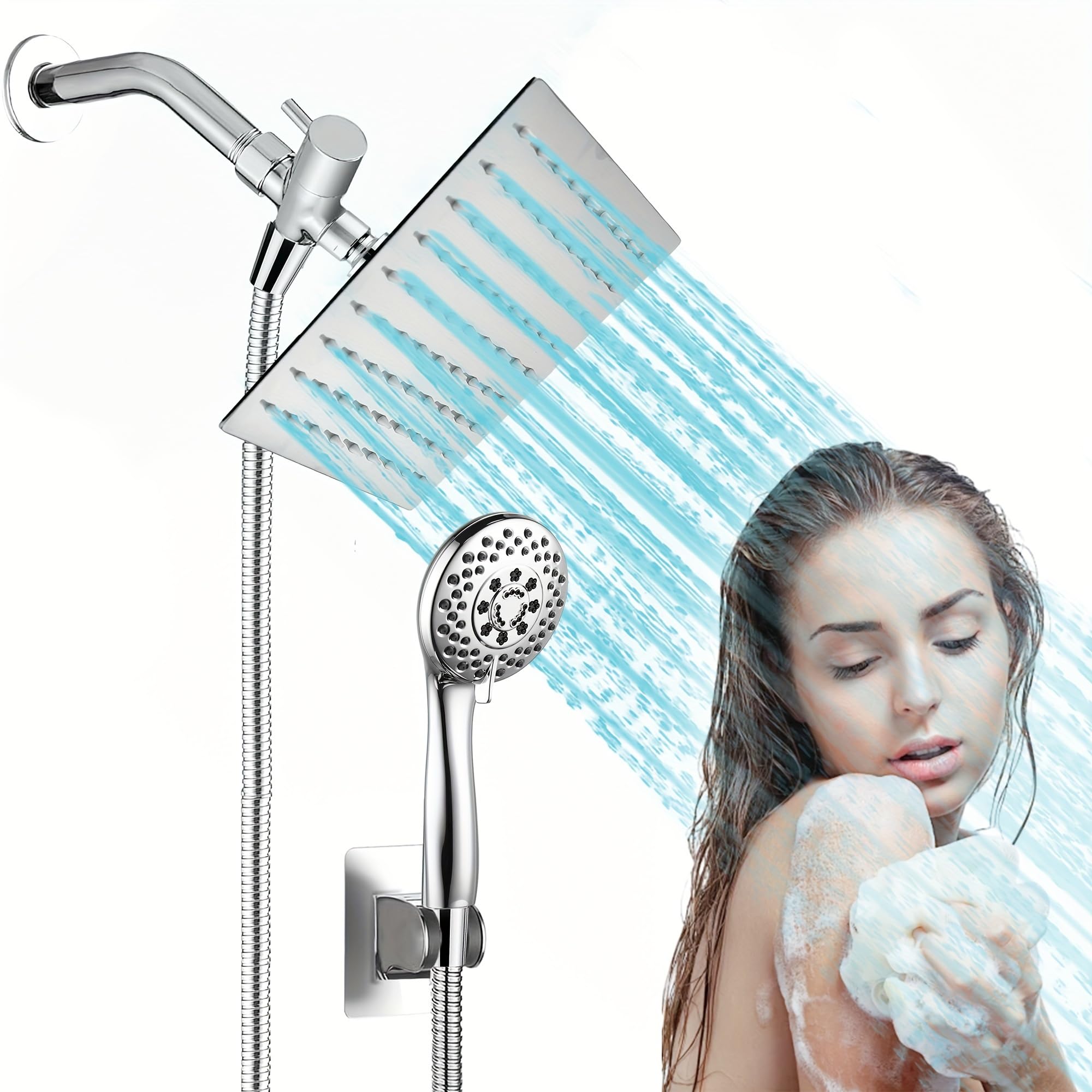 Cabezal de ducha de lluvia 304 s.s de 8 pulgadas con ducha de mano de 5 ajustes y manguera de ducha, 60 pulgadas se extiende a 70 pulgadas de largo y desviador de 3 vías