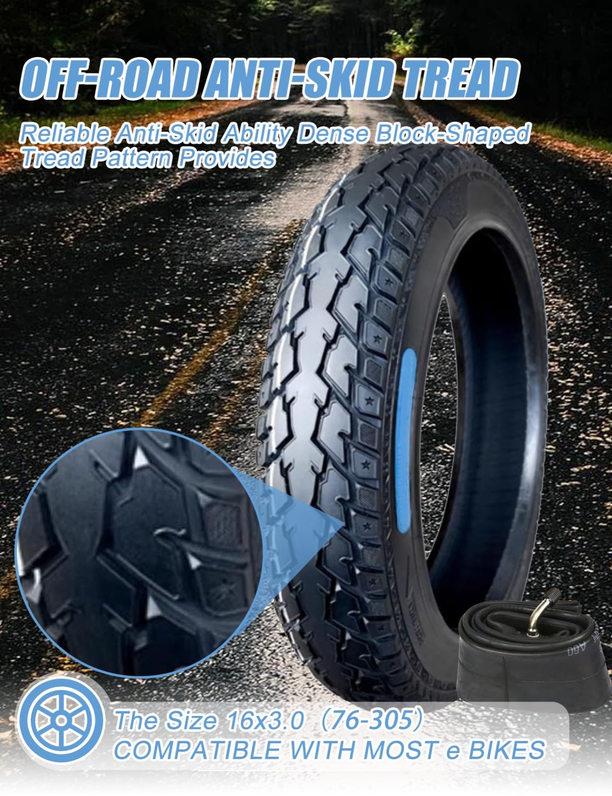 Set di pneumatici e camere d'aria per bici elettrica 16 x 3,0 76-305, design a 8 livelli, 16 x 3,0, antiforatura, per bici elettrica con valvola piegata, camera d'aria compatibile con E-Bikes Dirtbike