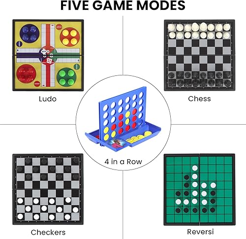 Miniatura 4 de Juego de mini juegos de mesa magnética 5 en 1 con 4 tableros de ajedrez plegables y 5 juegos de piezas de ajedrez, juegos de damas con bolsa de