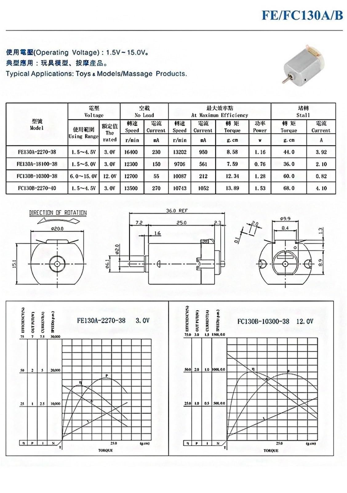 15V DC FE/FC130A moteur électrique Instrument masseur expérience scientifique 1 pièces