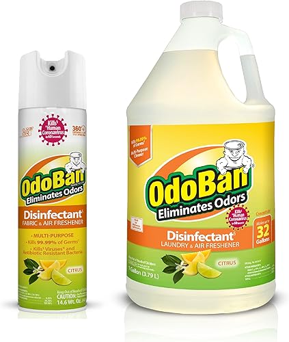 OdoBan Desinfectante listo para usar y eliminador de aroma duro, juego de 2, 14.6 onzas de tela en aerosol continuo de 360 grados y concentrado de