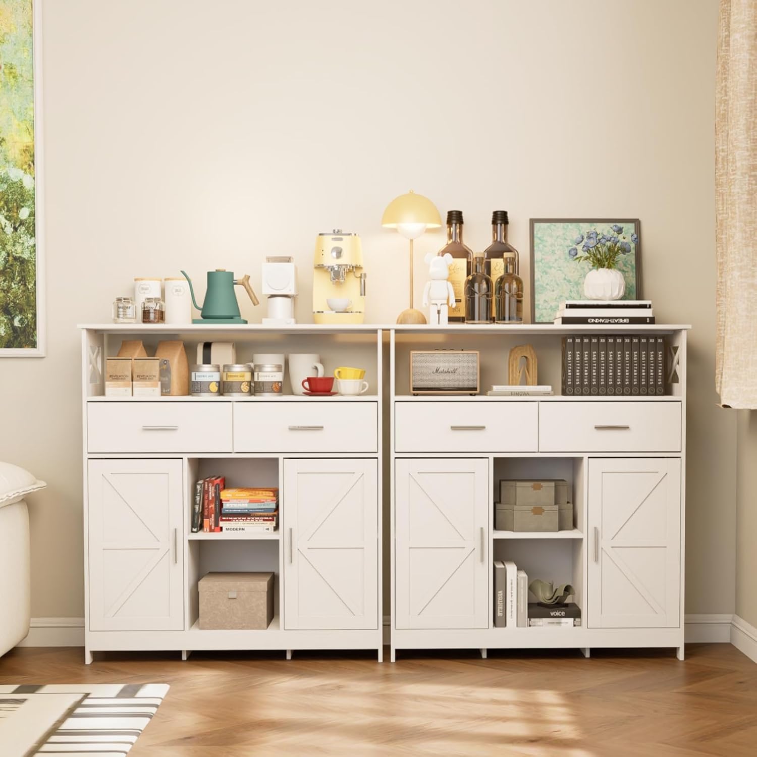 Storage Cabinet Coffee Bar Cabinet with 2 Adjustable Shelves 2 Drawers and 2 Doors for Bathroom/Kitchen/Living Room (White)
