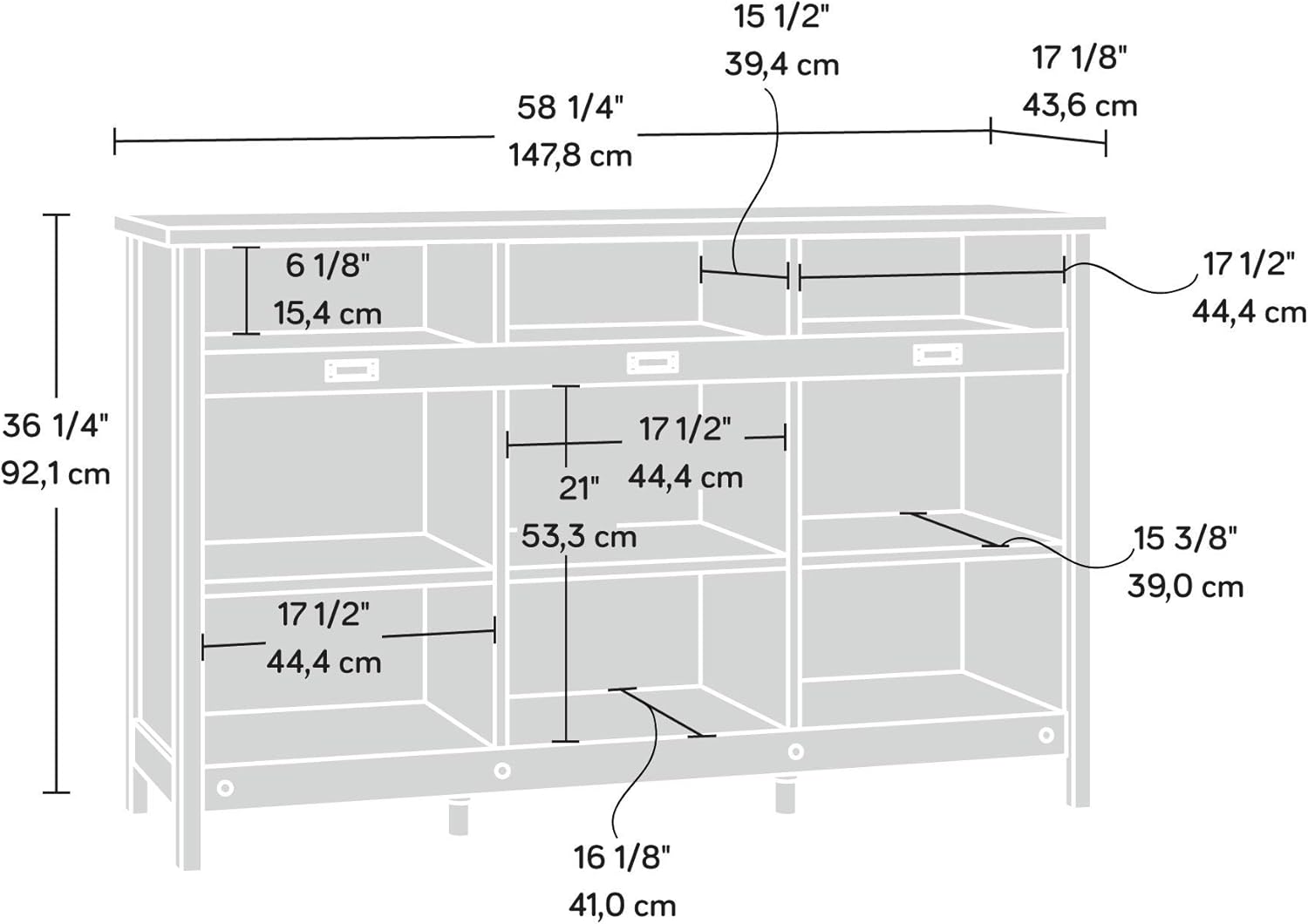 Adjustable White Storage Credenza with Cubby Hole Organization