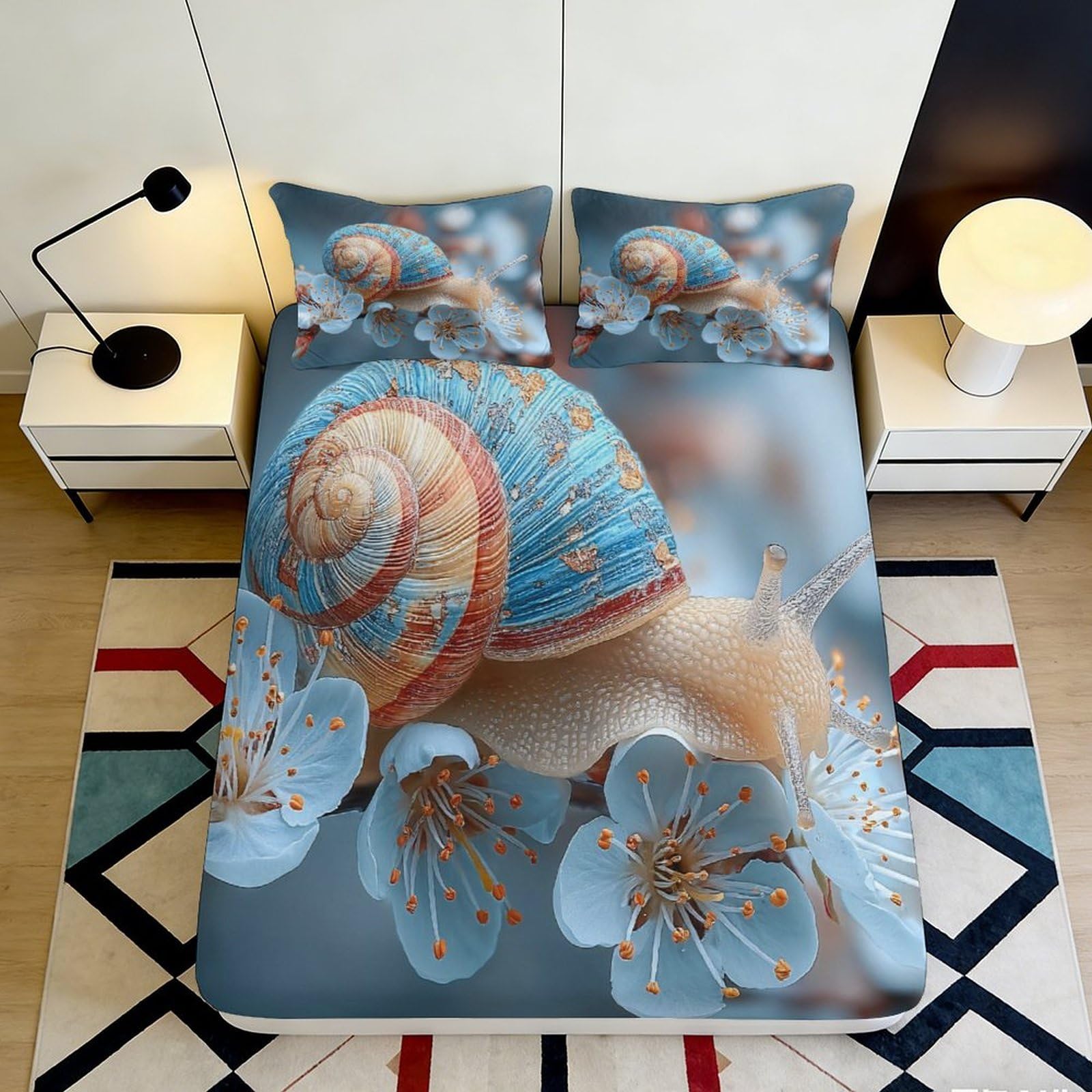 3D Printed Snail Floral Fitted Sheet Deep Pocket Microfiber Elastic Hem Non-Slip Snail Floral Mattress Fitted Cover Bedroom Bedding 160x200x25cm