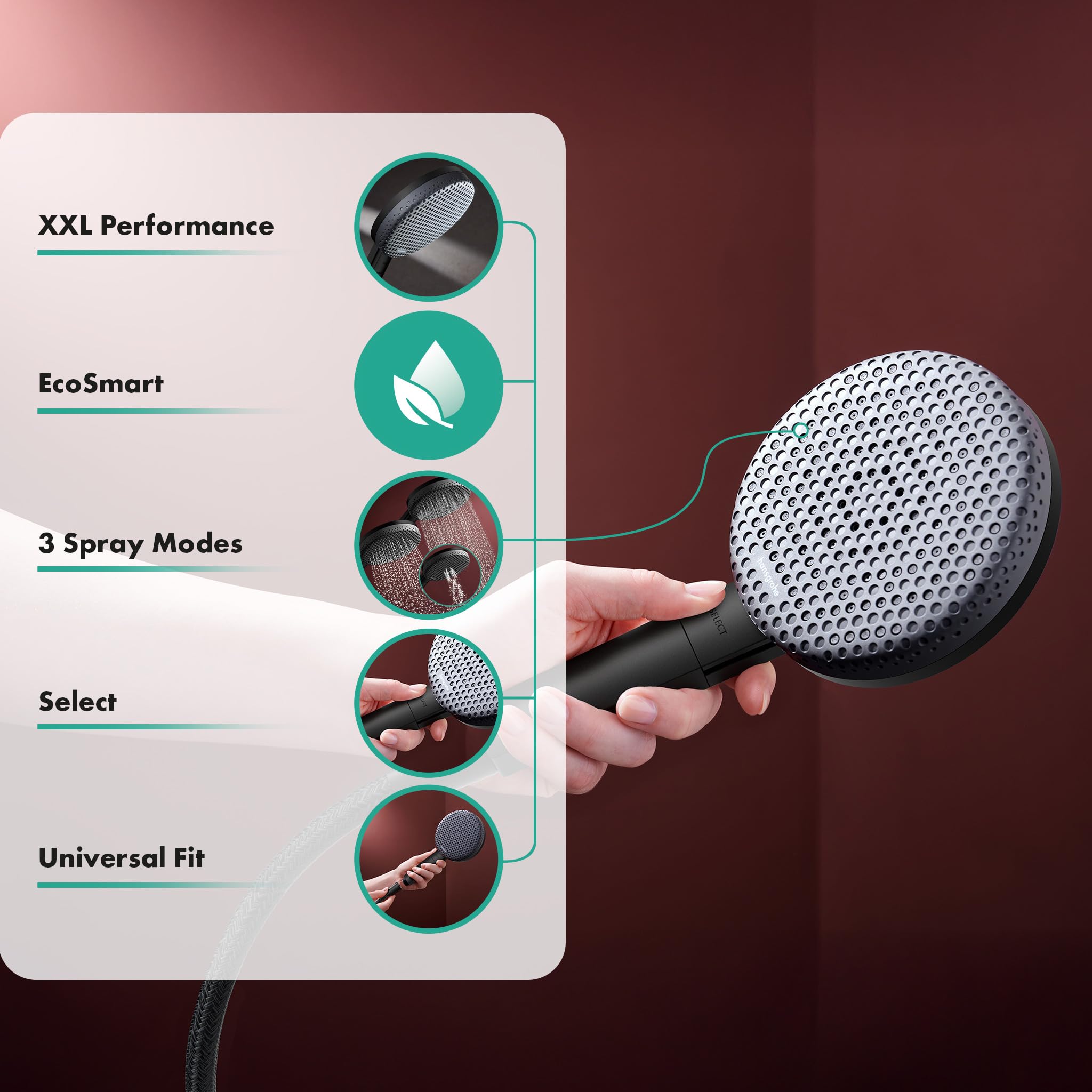 hansgrohe Raindance Alive Select S - oszczędzająca wodę główka prysznicowa 7,1 l/min (EcoSmart), słuchawka prysznicowa z 3-strumieniowa (PowderRain), z funkcją antykamienną, czarny matowy, 24511670