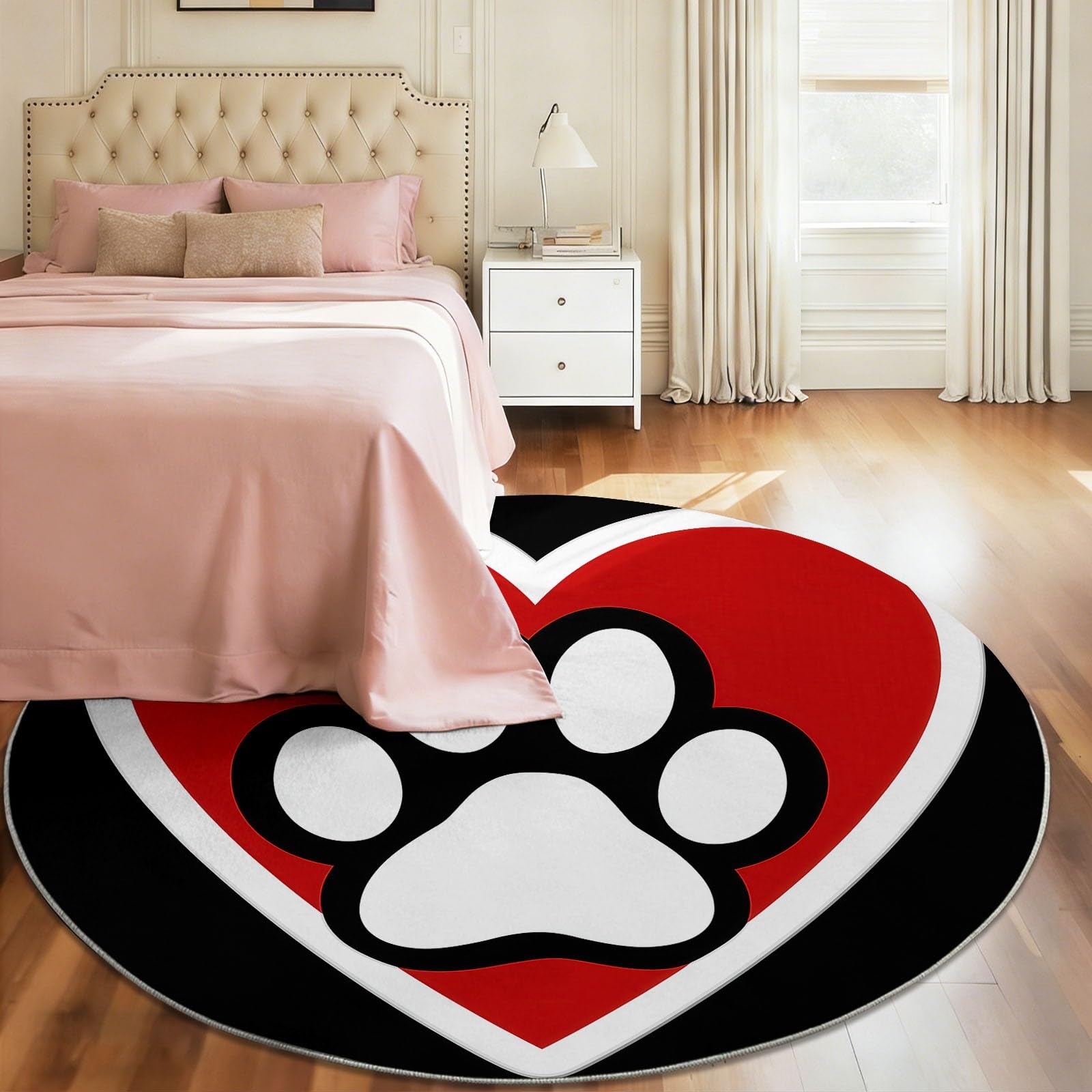 Generico 90 cm Tappeto rotondo Cartone Animato - Morbido Antiscivolo Impronte Zampe Animali Cuore Motivo Tappeti per Soggiorno Camera da Letto Pranzo decorazione, Nero Rosso interni lavabile Tappeto
