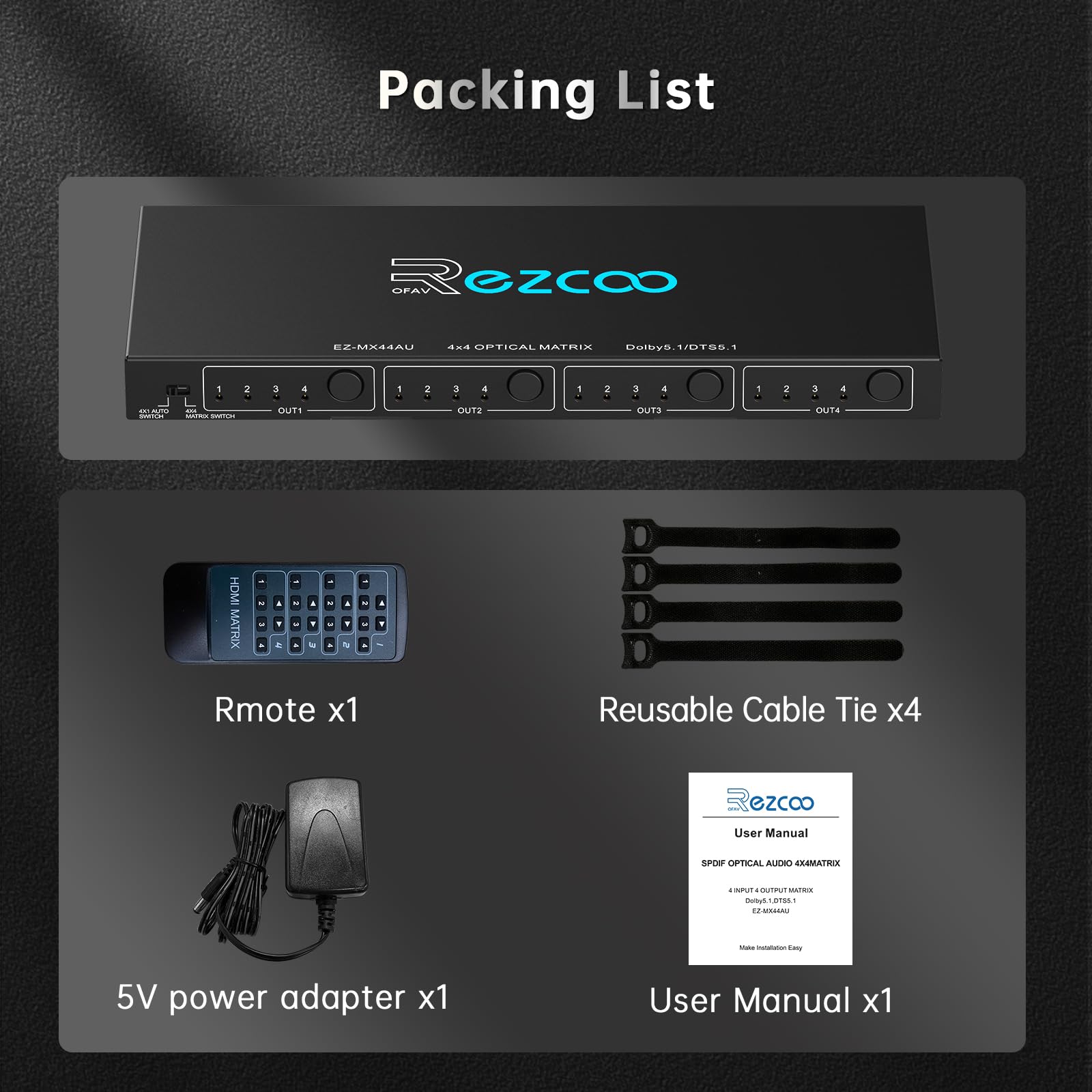 SPDIF - Matriz de audio óptico 4x4, compatible con Dolby 5.1/DTS 5.1, conmutador de audio de fibra óptica de 4 en 4 salidas con control IR e interruptor automático, Plug and Play para cine en casa