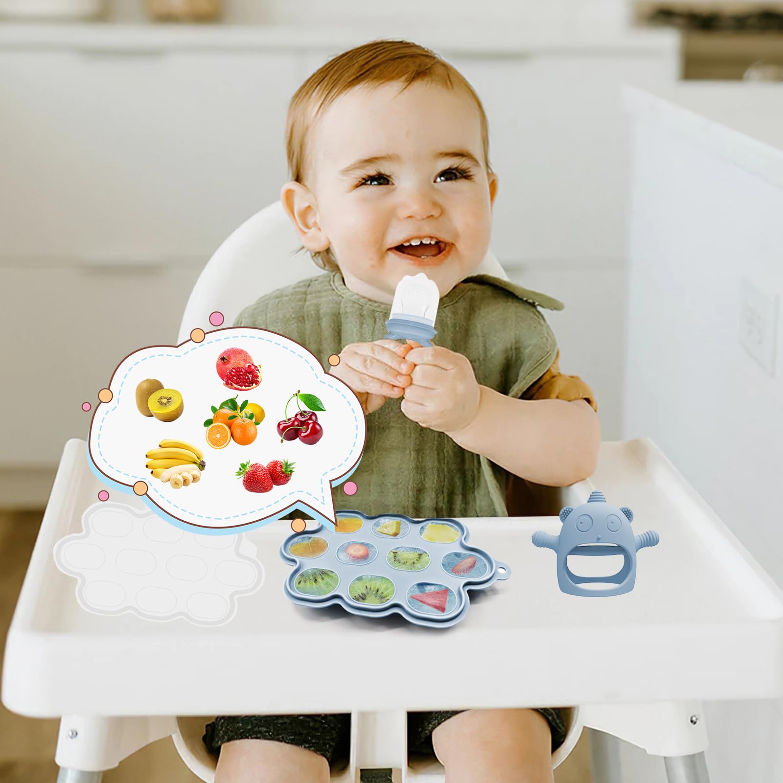 14 Stücke Silikon Baby Geschirrset, Kindergeschirr Baby-Teller Rutschfest mit Saugnapf, Schüssel, Lätzchen, löffel, Gabel, Trinklernbecher, Fruchtsauger Set, Baby Led Weaning Besteck Set (Blau)