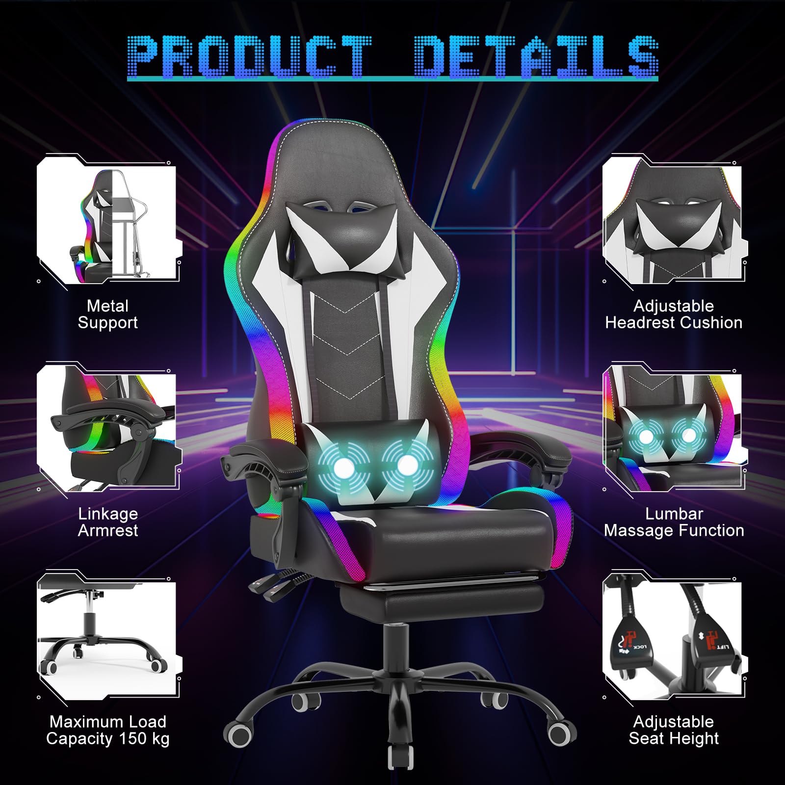 Devoko Sedia da Gaming con Massaggiante Schienale Regolabile 90-135°, Sedia Gaming con LED e Poggiapiedi Telescopico,Poltrona Gaming Ergonomica Portata 150 kg (Bianca)