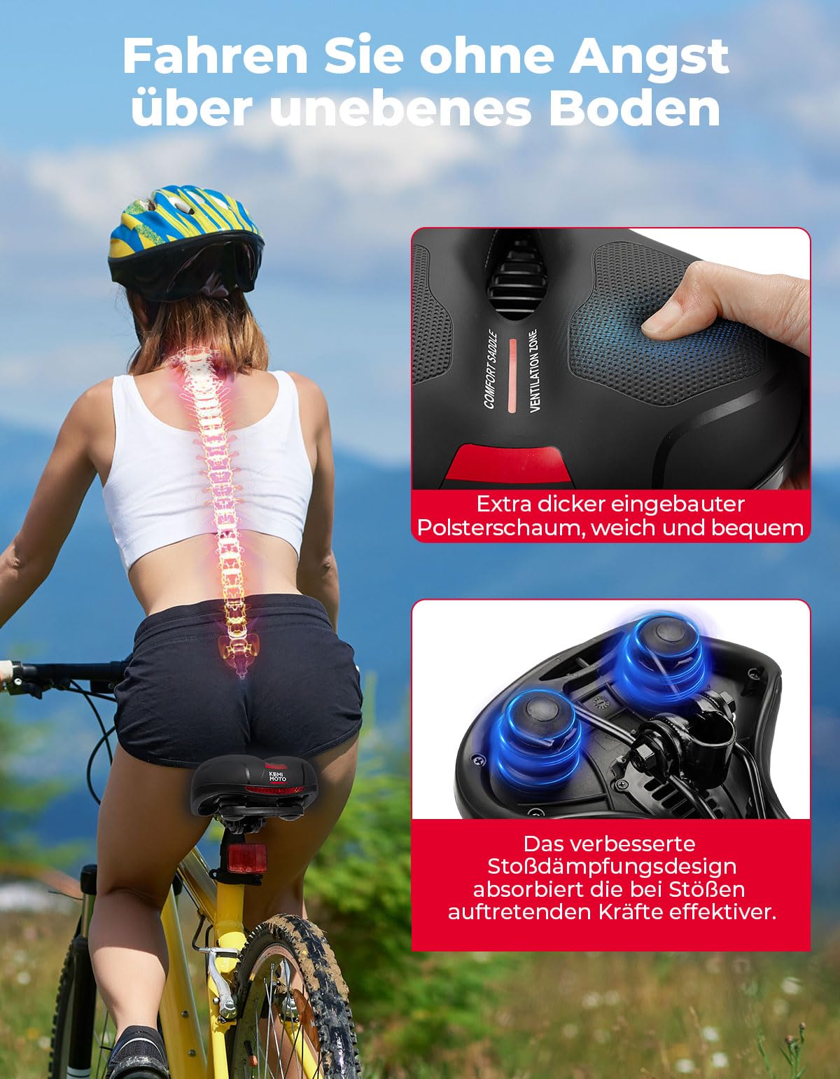 KEMIMOTO Selle de vélo, Large et Douce, Confortable, Respirante, amortissante des Chocs, Selle de vélo Ergonomique pour Homme et Femme, siège de vélo étanche pour vélo de Route, vélo de Ville, VTT