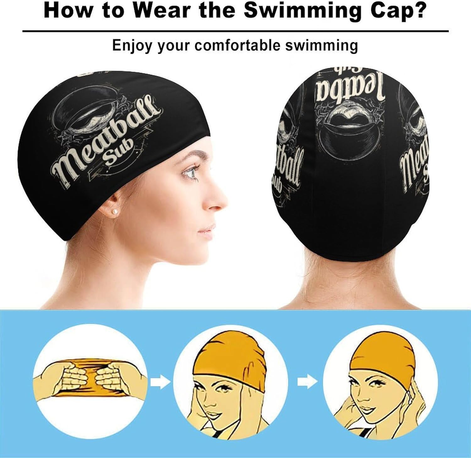 Grunge Meatball Sub Womens Swim Cap for Men Adult Swimming Hat Curly Short Medium Long Hair