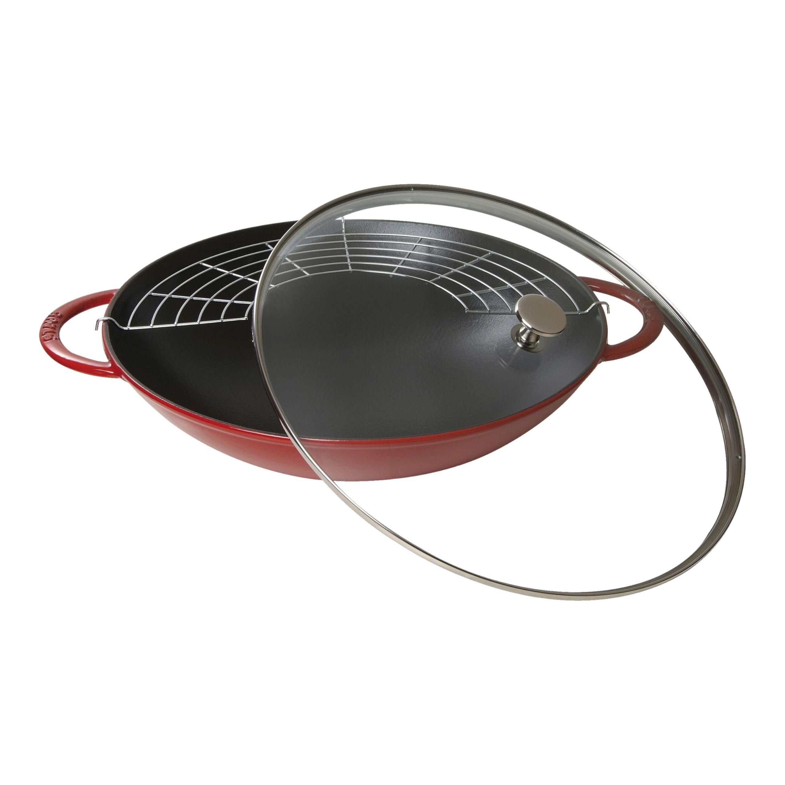 40509-898-0 Cast Iron Wok, including Glass Lid and Removable Grid Insert, Suitable for induction, Ø 37 cm, 5.7 L, Cherry Red