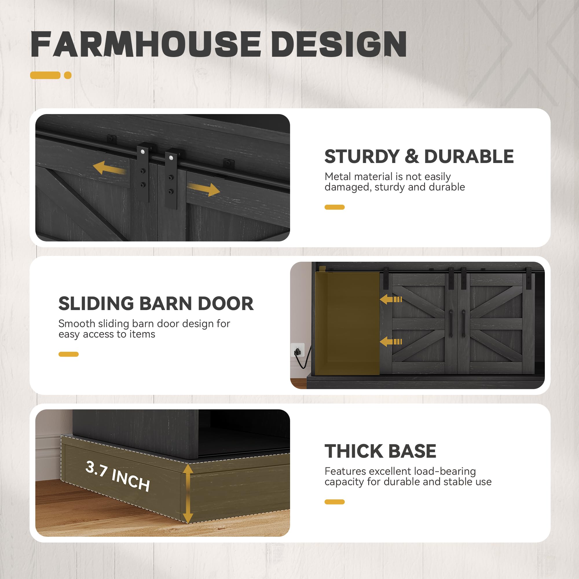 Close-up of farmhouse design features including sliding barn door mechanism, sturdy base, and durable material.