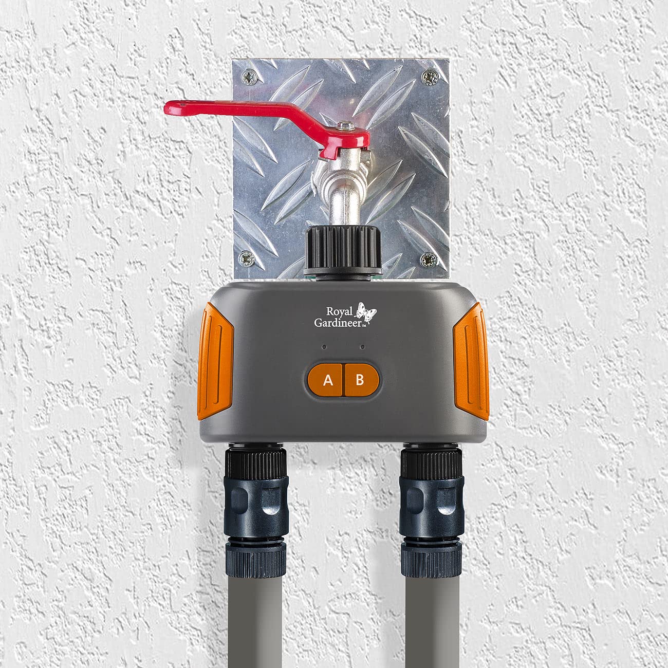Royal Gardineer Dual Bewässerung: 2er-Set WLAN-Bewässerungscomputer mit Dual-Ventil, 2-Fach-Verteiler (WLAN-Bewässerungscomputer mit App, Doppel-Ventil, Handy)
