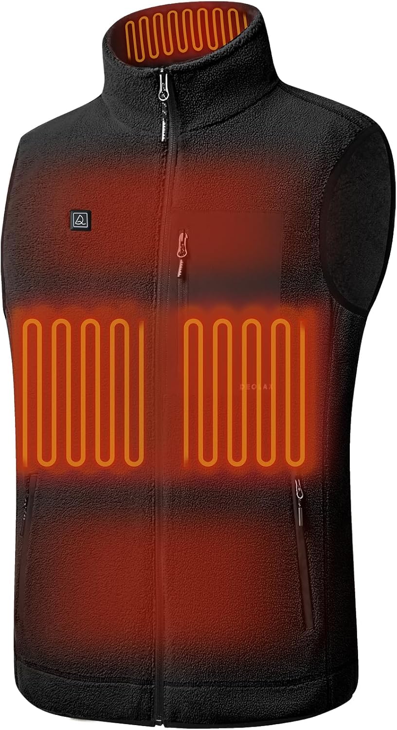 DEOLAX Men's Fleece Heated Vest with Battery Pack Included 3 Heating Levels 5 Heating Zones