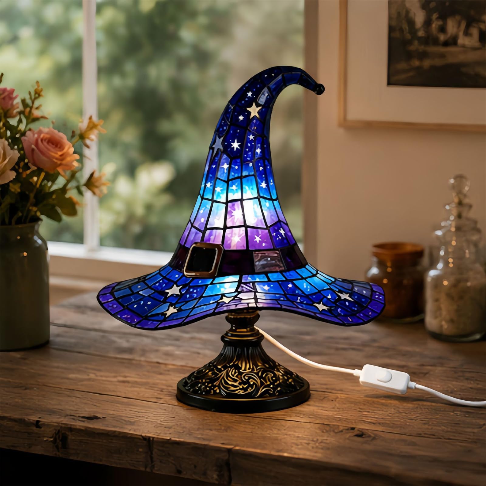 Witch Hat Lamp Stained Glass, USB Halloween Accent Light