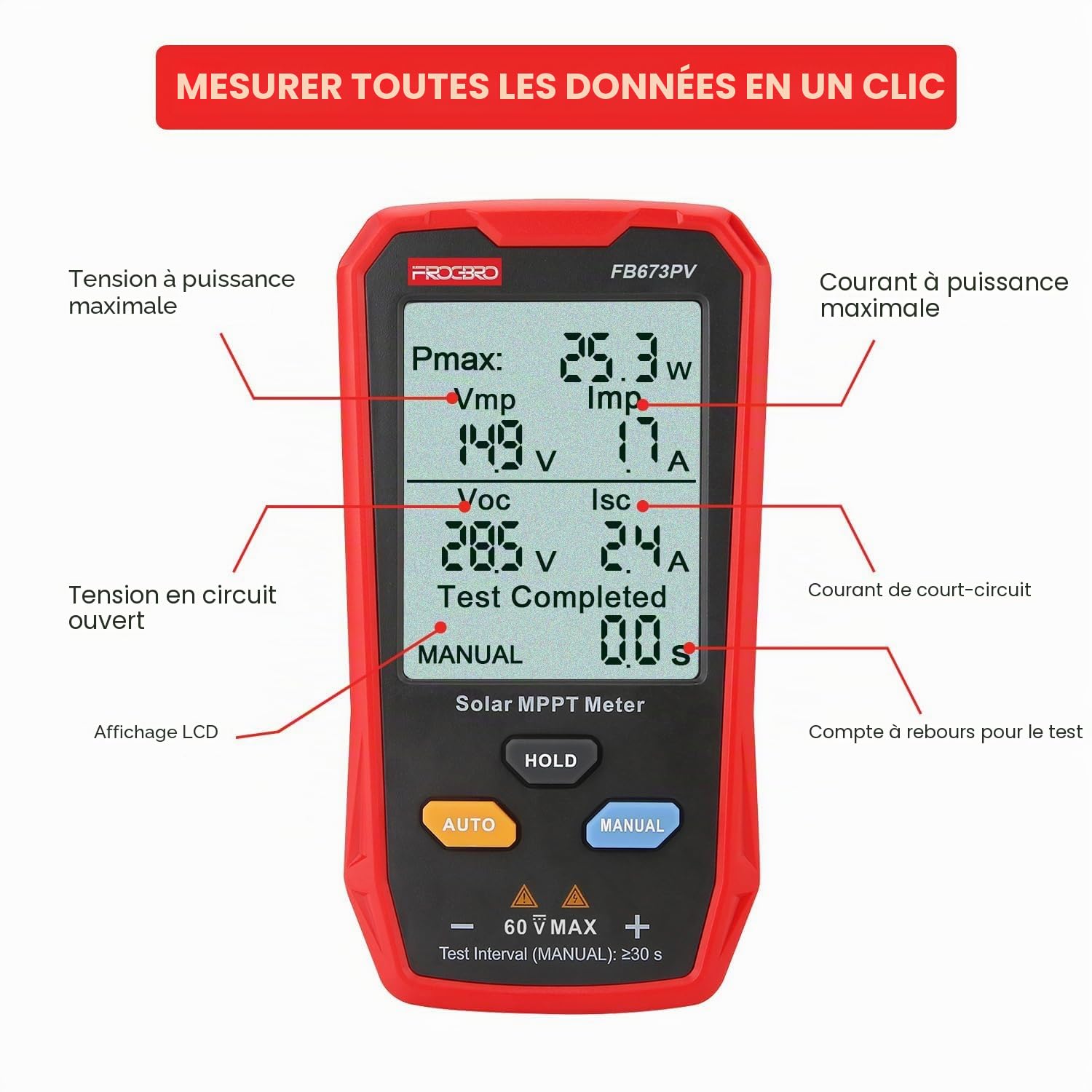 FB673PV Testeur Panneaux Solaires, Multimètre Photovoltaïque 800W