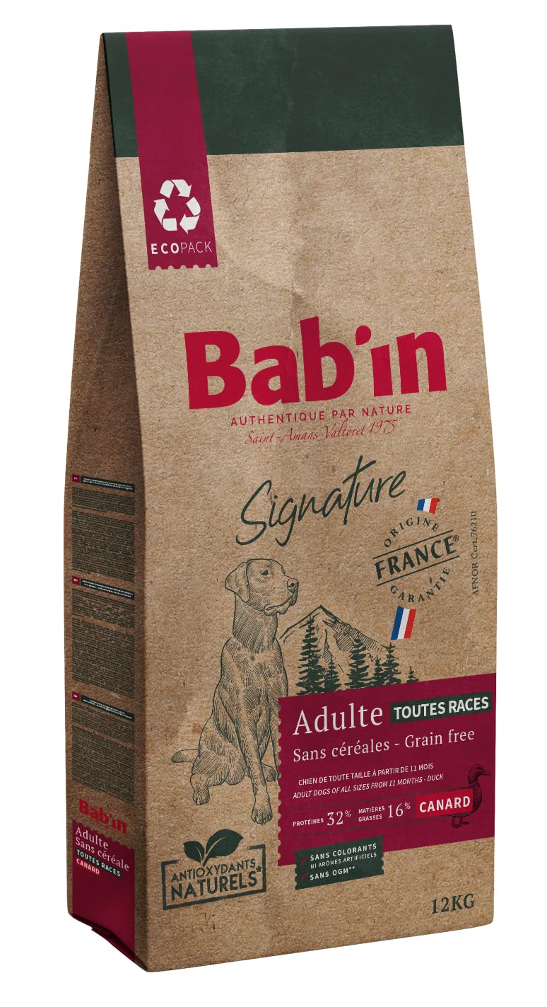 Bab'in Signature Adulte sans Céréales 12KG - Croquettes pour Chien de Toute Taille - Adaptées aux Allergies et Sensibilités Alimentaires - Riche en Canard
