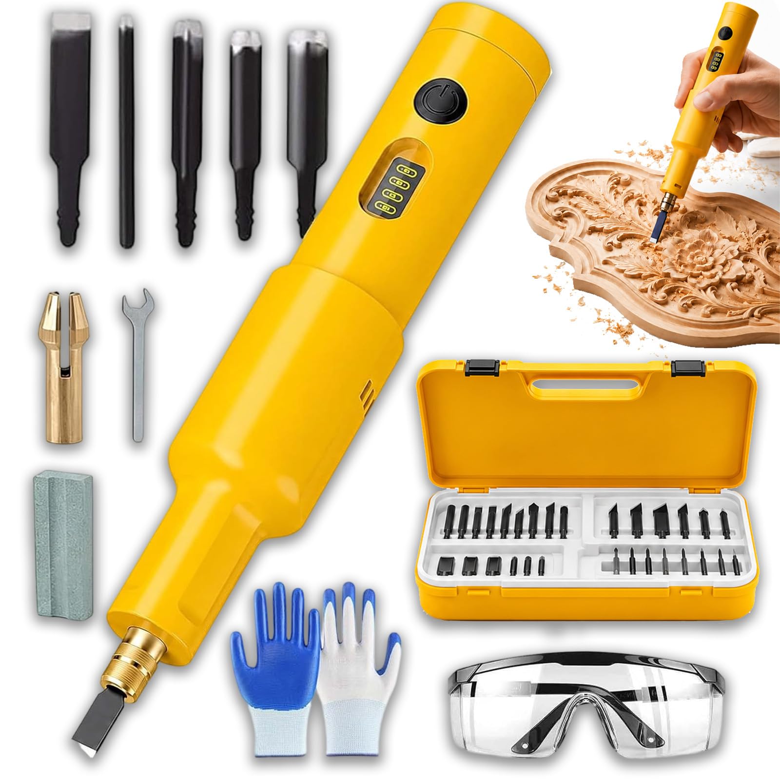 Outil Électrique de Sculpture sur Bois 40 W - Ciseau Électrique 28 000 tr/min pour Sculpter et Modeler, Kit de Couteau de Sculpture pour Réparation de Meubles, Racines et Bricolage (5-Blades)