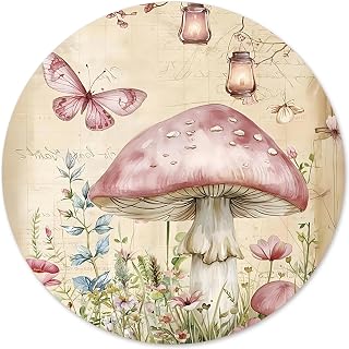 Pink Vintage Mushroom Floral Round Mouse Pad, Cottagecore Aesthetic | Retro Mousepad for Women, Non-Slip Base Desktop Protection Mouse Mat, Desk Accessories for Computer Office, 8.7x8.7 Inches