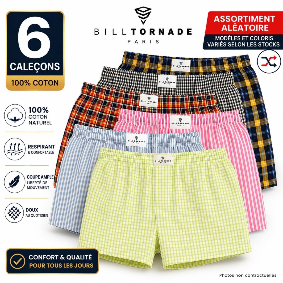 BILL TORNADE Lot de 6 Caleçons Homme 100% Coton -MOTIS ALEATOIRES– Caleçon Tissé Confortable, Coupe Ample, sous-Vêtement Homme Respirant Fantaisie