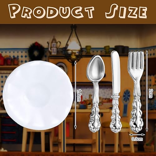 Miniatura 2 de 38 piezas a escala 11216, accesorios de cocina en miniatura para casa de muñecas, incluye 32 mini platos para muñecas, cuchillo, tenedor, cuchara, 6
