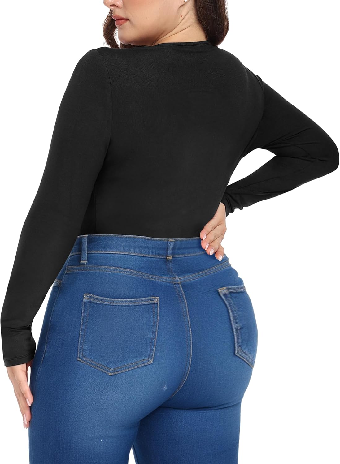 FOREYOND Plus Size Bodysuits for Women Long Sleeve Scoop Neck Body Suit Tops Casual Slim Fit Basic Leotards Shirts - Image 2