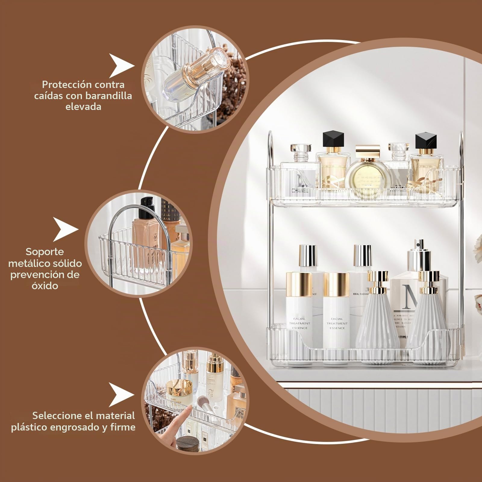 Organizador de Maquillaje, Organizador de Cosméticos, Organizador Perfume, Organizador de Bandeja de Cosméticos de Alta Capacidad para Baño (2 Capas, Transparente)