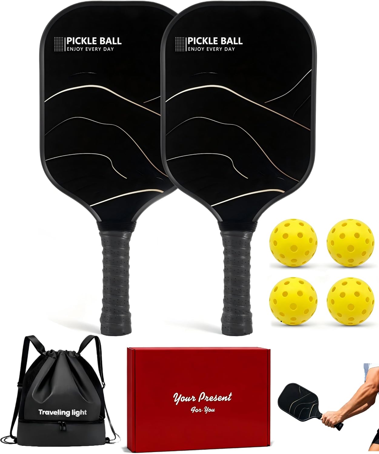 Pickleball Paddles Set of 2 – Include Pickle Ball Rackets 2 Pack and Pickleball Balls 4 Pack and Sports Bag, Lightweight & Durable Design with Ergonomic Grip, Ideal for All Skill Levels
