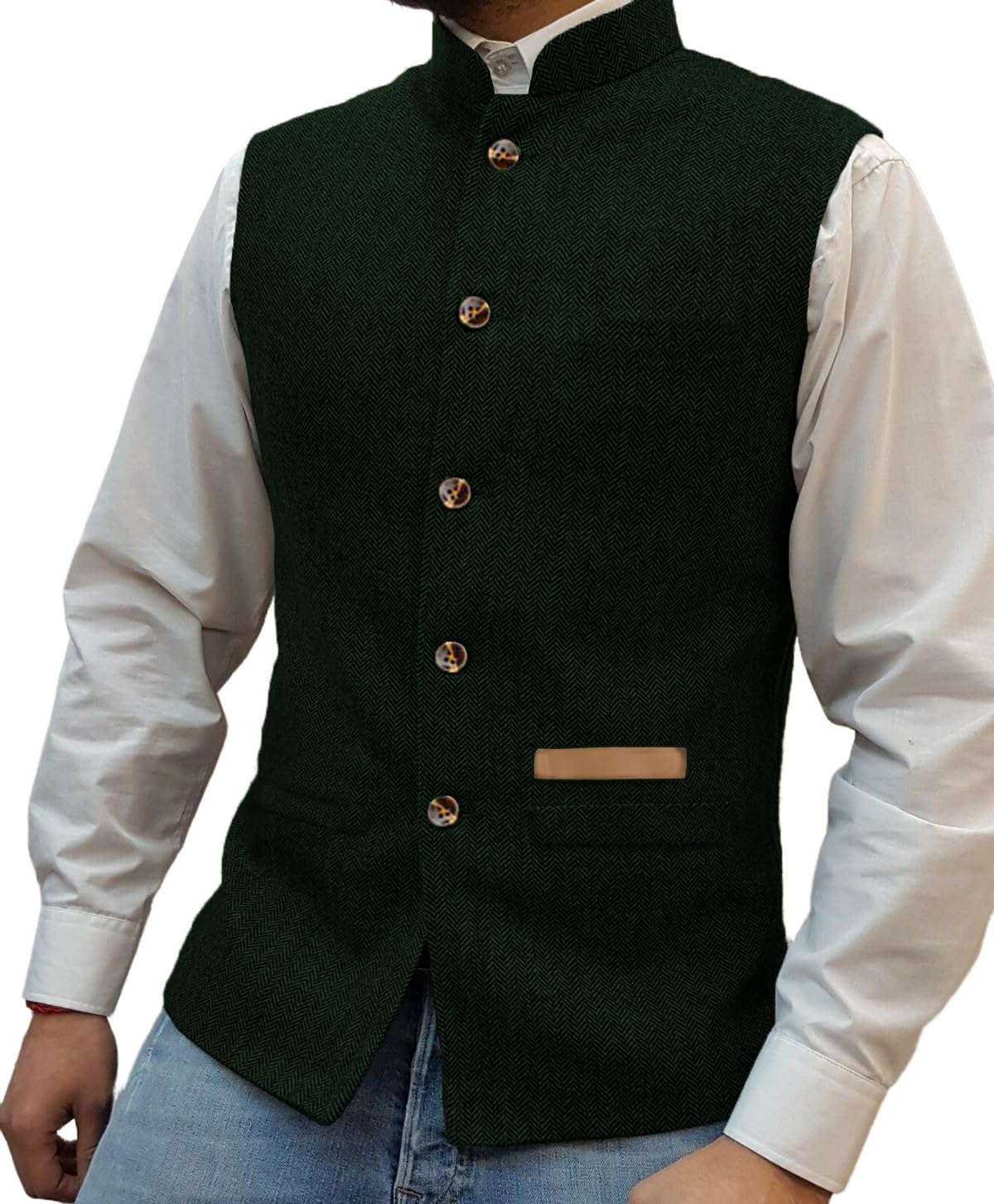 Gilet à col montant pour homme - En tweed - À chevrons - Rétro - Doublure en laine - Pour mariage et chasse