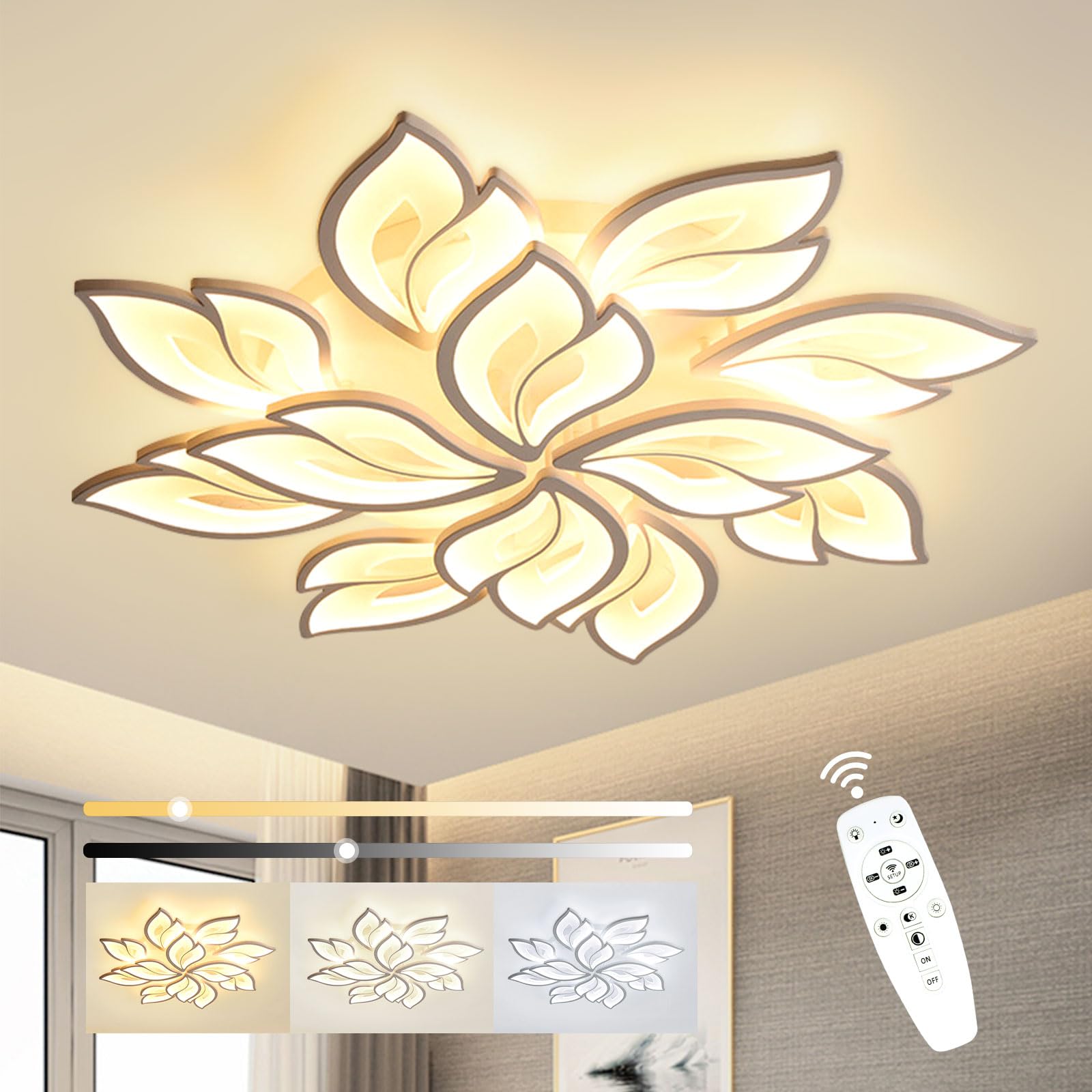 Sky angle LED Deckenleuchte Mit Fernbedienung Dimmbar Schlafzimmer Lampe, Kreative Blumenform Design Wohnzimmer Deckenlicht(12 Köpfe/Ø89cm/35in)