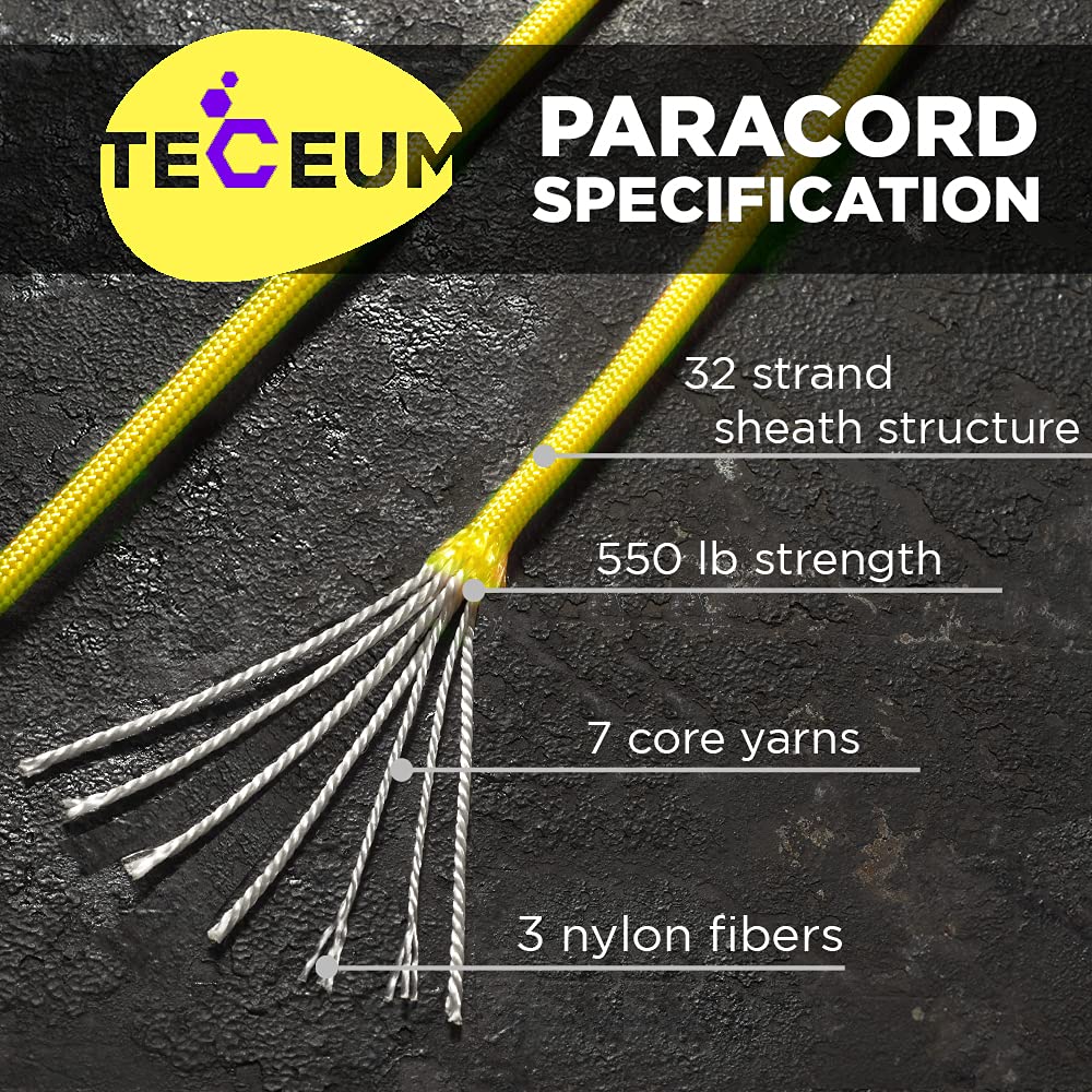TECEUM Paracord Corda 550 - Giallo 305 m - Cordino 4mm Survival Campeggio | Resistenza 249 kg, 7 fili nylon, attrezzatura tattica, emergenza, tenda, tiranti, bracciale, fai-da-te, Giallo
