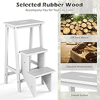 Vista 8 de Costzon Taburete plegable de 3 escalones, escalera de madera 3 en 1 con asa, pedal antideslizante, estante de almacenamiento multifuncional, estante