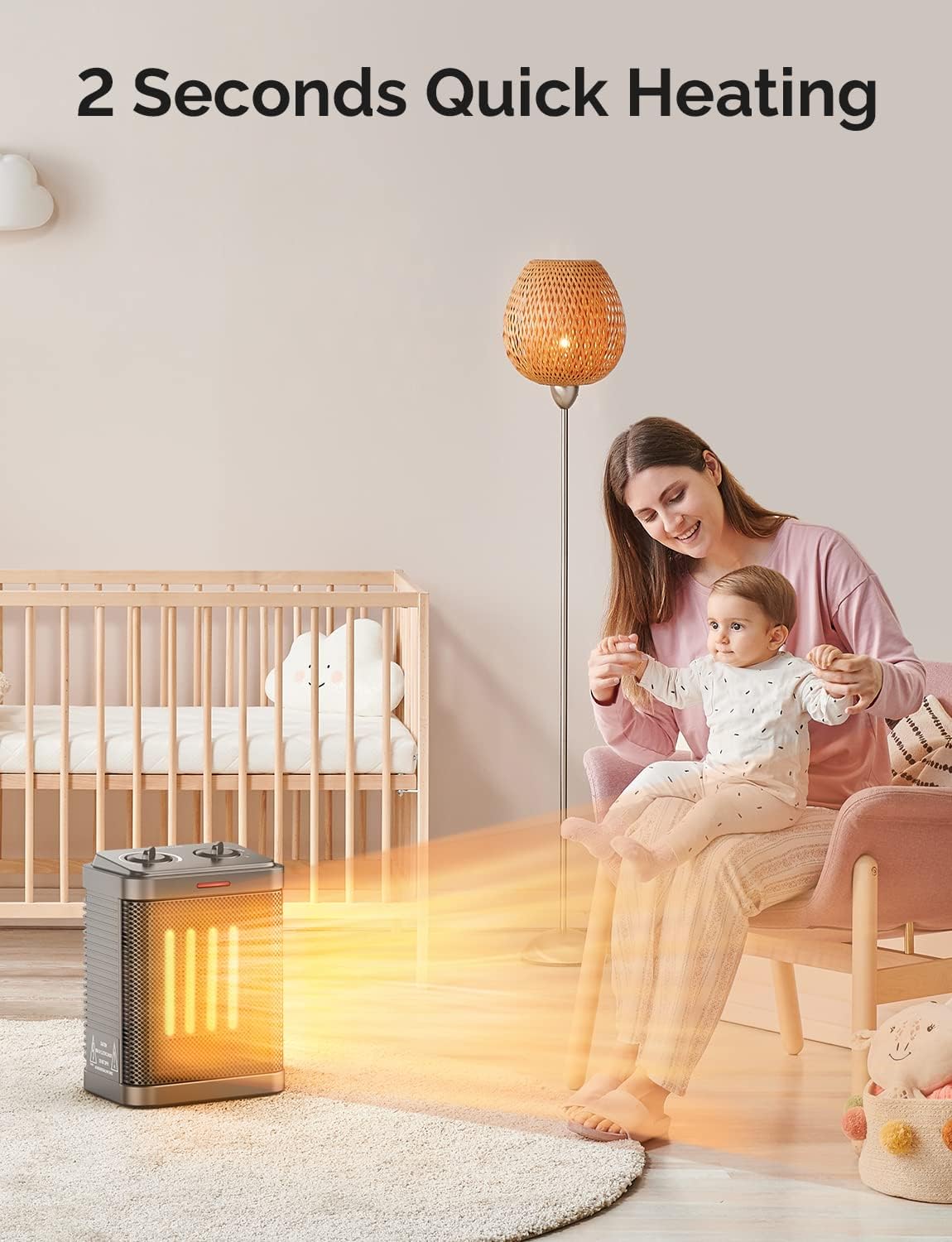 Space Heater for Indoor Use, 1500W PTC Ceramic Heater with Thermostat, Small Space Heater 2S Rapid Heating, 3 Modes, Electric Portable Heater with Safety Protection for Bedroom, Quiet Office