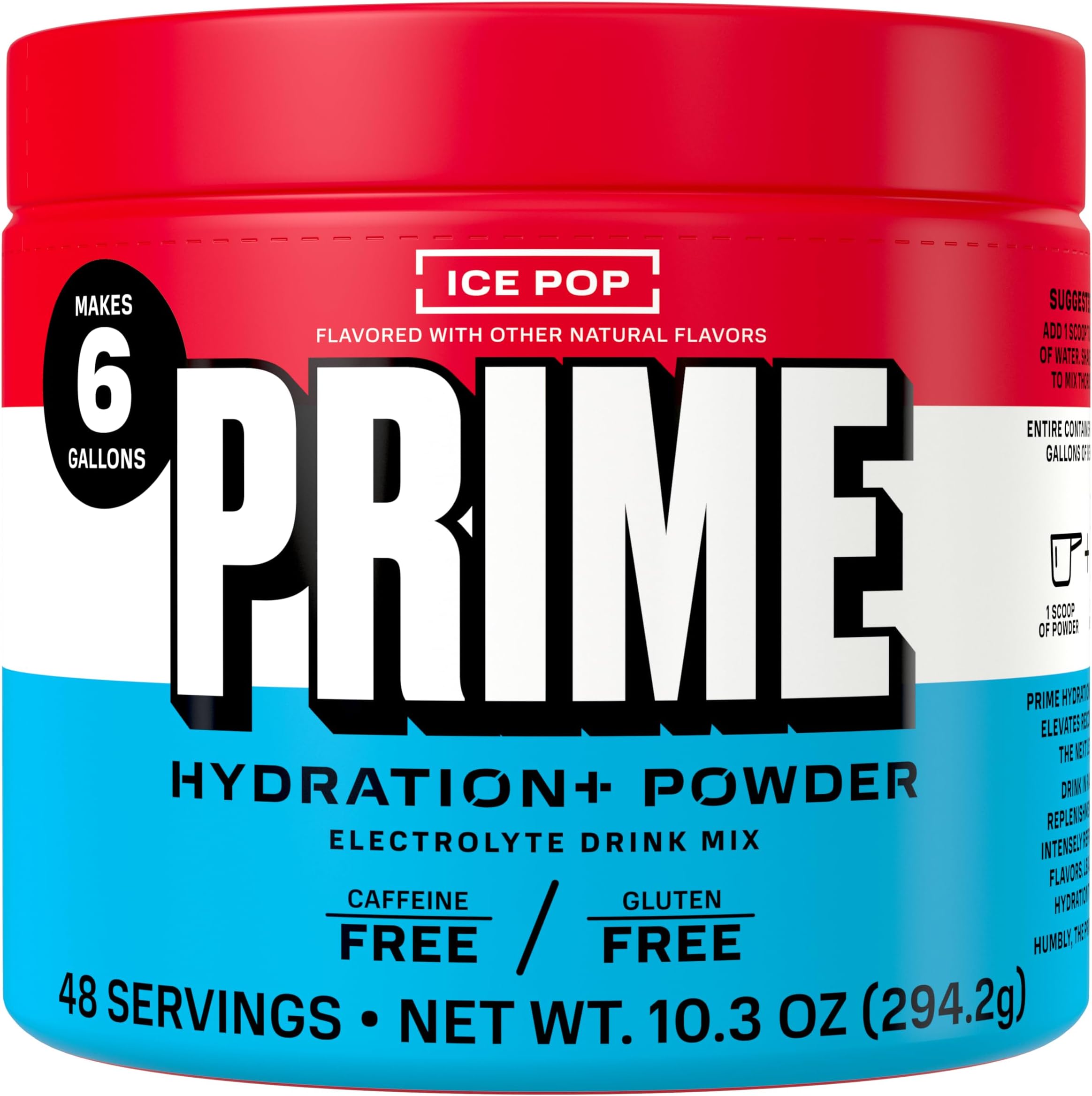 PRIME HYDRATION+ Powder ICE POP | Hydration Powder Single Serve Sticks | Caffeine-Free | Electrolyte Powder On The Go | 250mg BCAAs, B Vitamins, Antioxidants | Low Sugar | Vegan | 5 Gallon Tub
