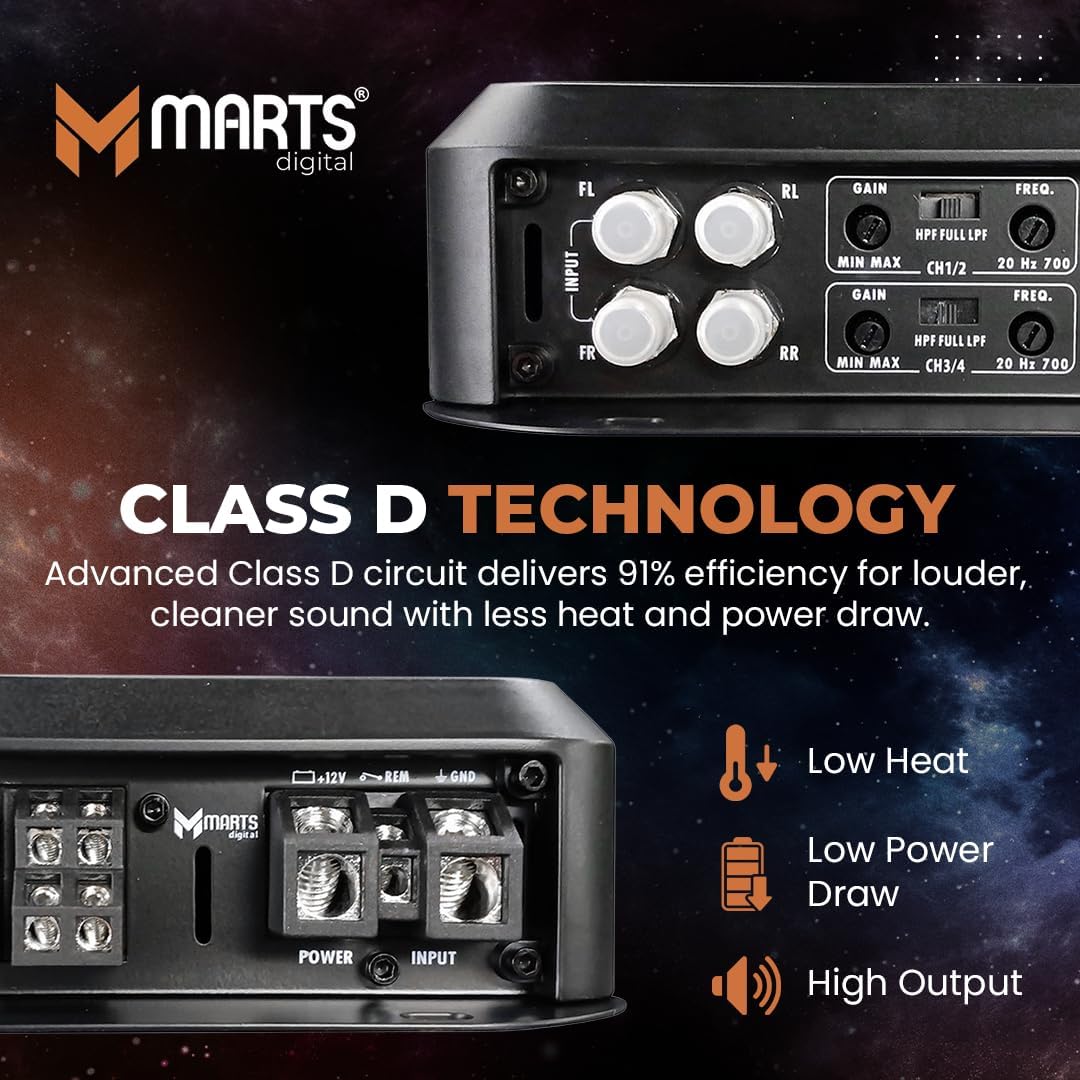 Marts Digital MDS800X4 | 4 Channel Class D Amplifier 800W RMS at 2 Ohms | Compact Size Low Heat Output | Adjustable Filters for Mids Highs Bass | Clean Full Range Power for Car Audio Systems