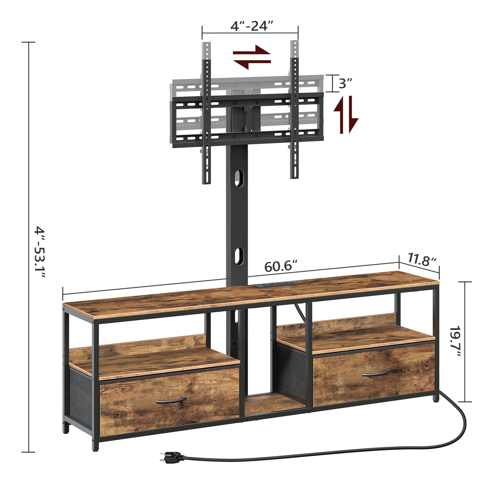 TV Stand with Mount for up to 75", Entertainment Center with Switch-Controlled Charging Station, Swivel TV Stand Mount with Fabric Drawers, for Living Room, Rustic Brown TVHR154E01N1