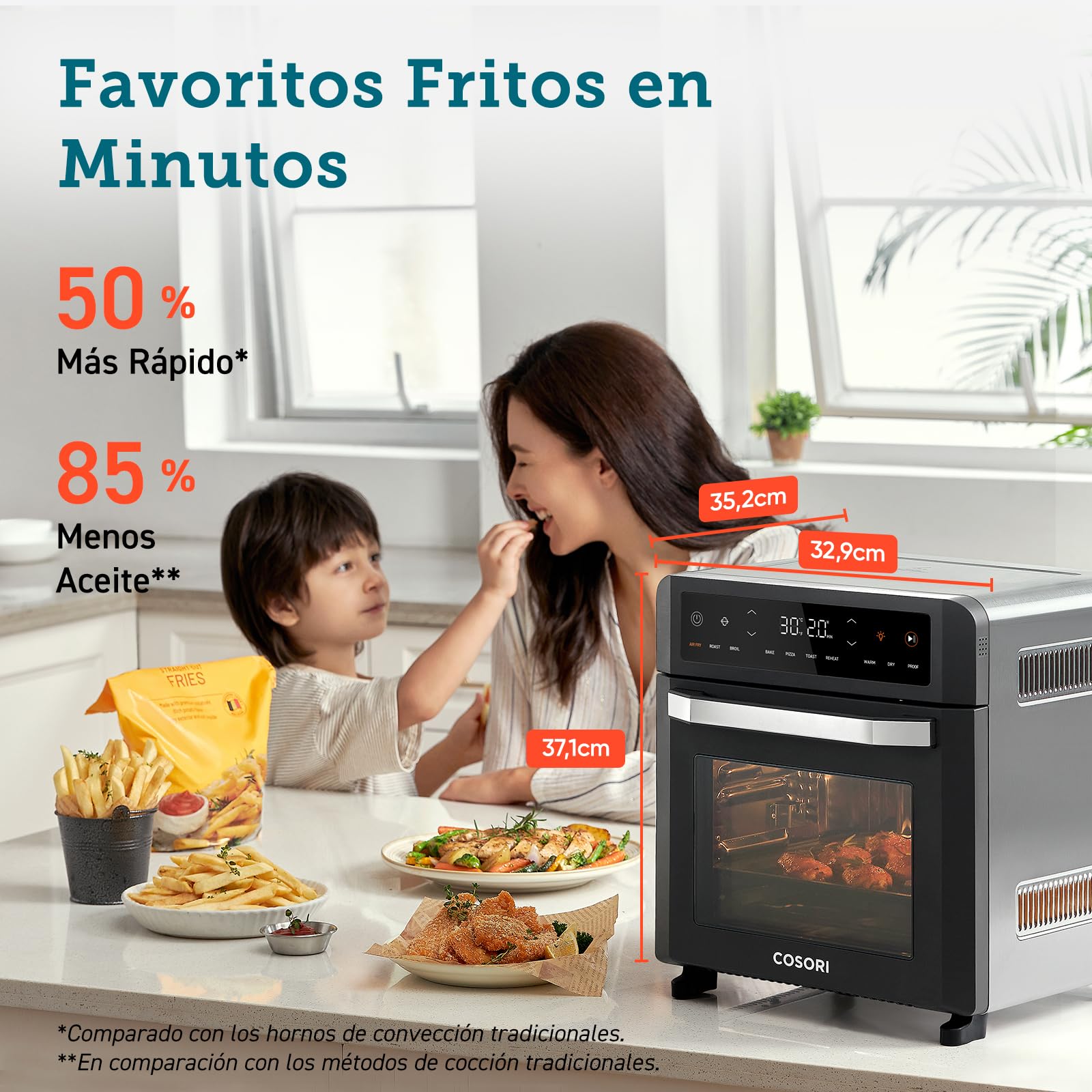 Cosori Freidora de Aire Horno 12L con Doble Resistencia y Ventana | Air Fryer Horno 11 Funciones, 7 Accesorios, Revestimiento Antiadherente, Temperatura 30-220°C, Pantalla LED, 1800W