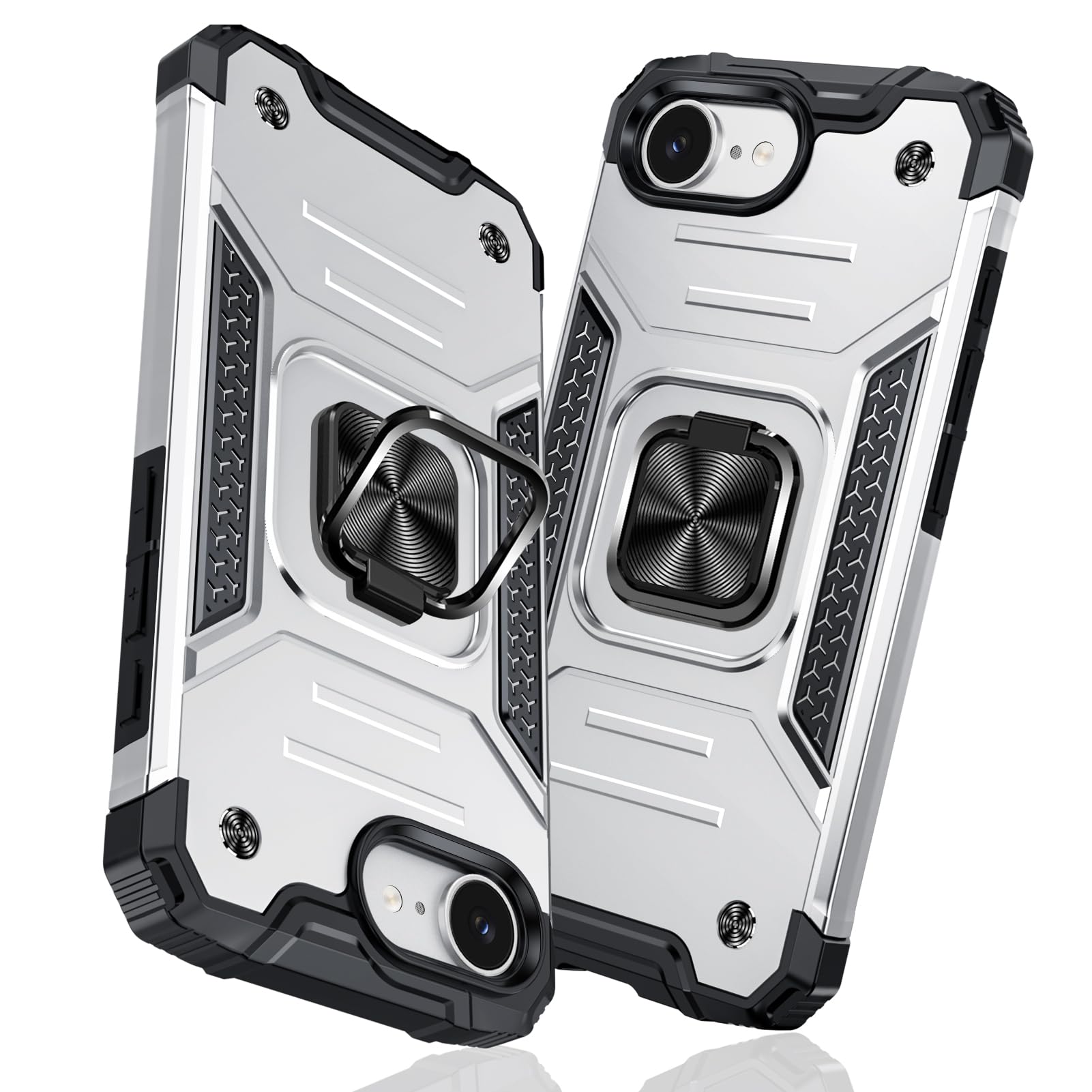 TMUJWS iPhone 17e/iPhone 16e 用ケース リング 衝撃吸収 耐衝撃 TPU+PCバンパー 二重構造 米軍MIL規格 全面保護カバー 滑り防止 車載ホルダー対応 擦り傷防止 滑り止め 軽量 薄型 アイフォン 17e/16e 用カバー 6.1インチ 指紋防止 耐久 おしゃれ 人気 携帯カバー 銀 MZ91-24