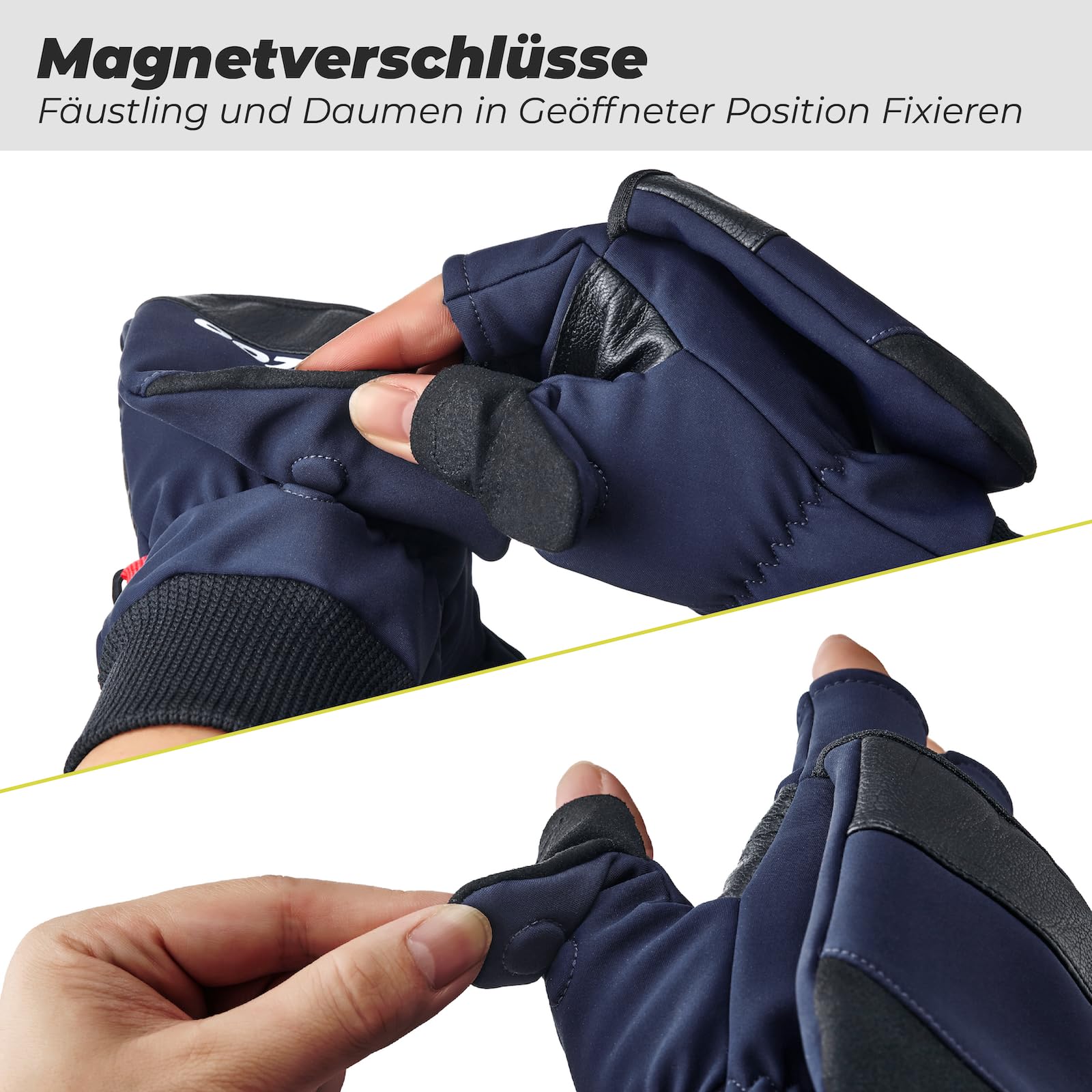 OOZi Winterhandschuhe Herren Damen – Convertible Fäustlinge mit Touchscreen-Klappkappe, Winddicht, Thermo-Fleece, Anti-Rutsch-Grip, Magnetverschluss -für Wandern Outdoor Radfahren