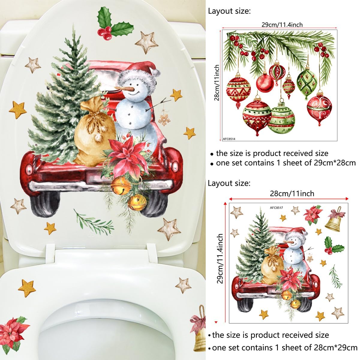 3 Sheets Christmas Toilet Stickers Toilet Lid Decals Xmas Tree Snowman Snowflake Colorful Bell Pattern Bathroom Wall Toilet Cover Self-Adhesive Decals Merry Christmas Home Decoration