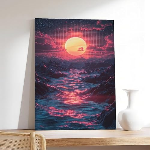 Miniatura 7 de Retro Futuristic Vaporwave Wall Art  Neon Synthwave Poster for Bedroom Or Studio Decor Modern Wall Prints Abstract Geometric Minimalist Art Framed