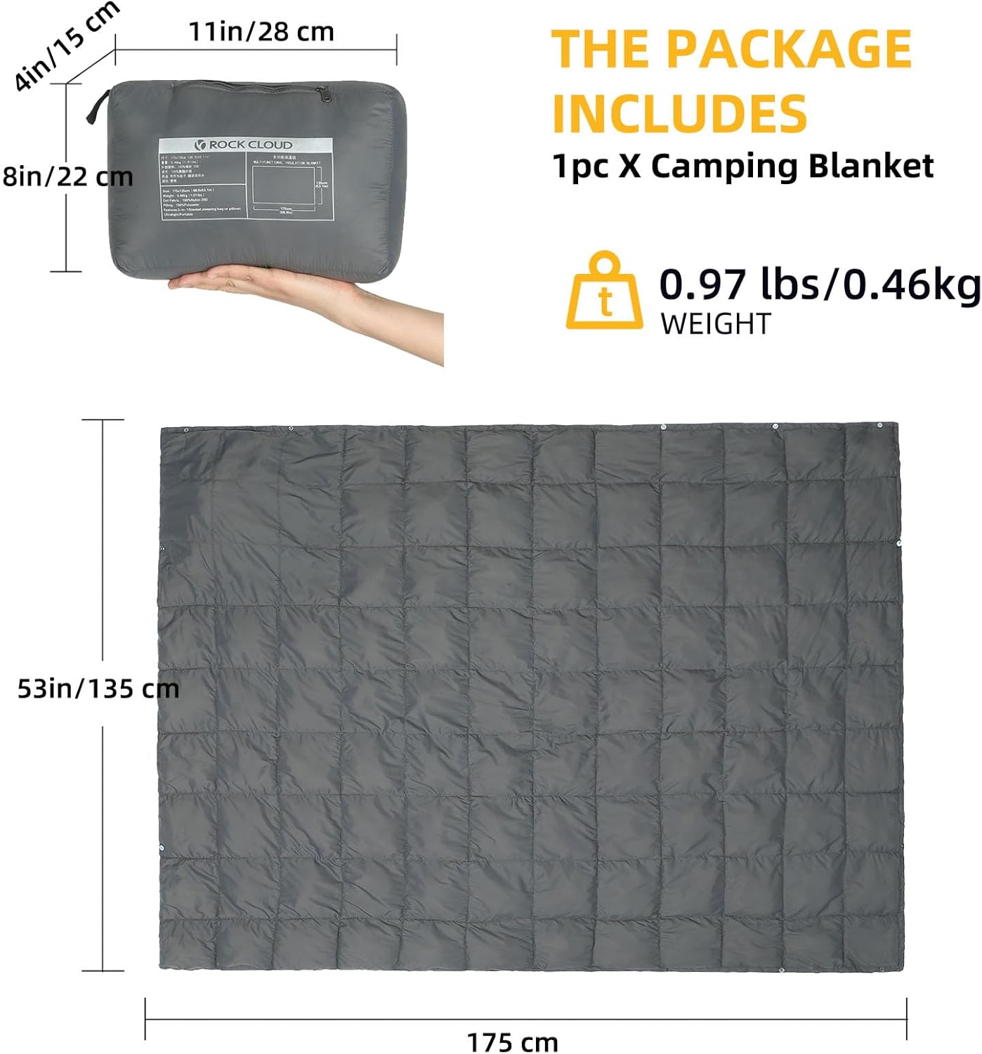 ROCK CLOUD Packable Camping Blanket Ultralight Outdoor Blankets Stadium for Hiking Camp Travel Outside Sports, Grey Grey 69" x 53"