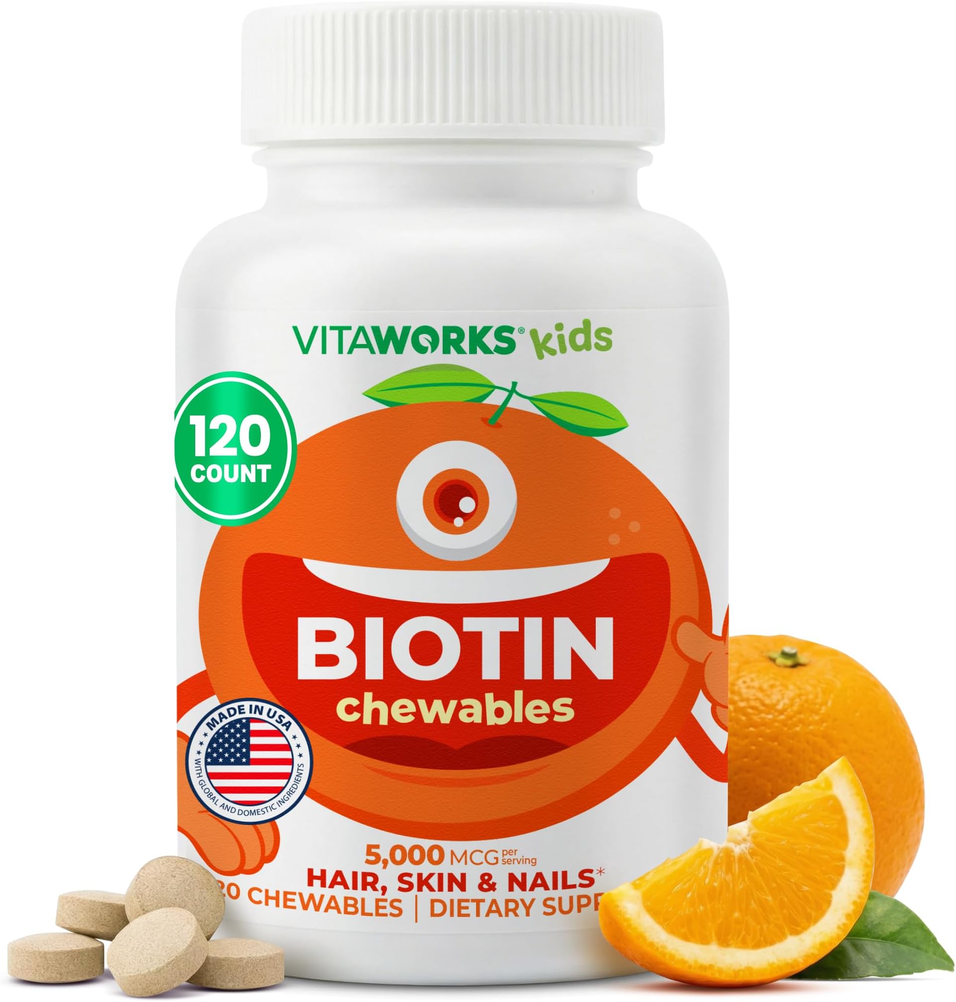 VitaWorks Kids Biotin 5000mcg Chewable Tablets | Tasty Biotin Supplement | Vegan, Non GMO | Hair Growth, Skin and Nail Heath | Hair Vitamins for Kids | 120 Chewables