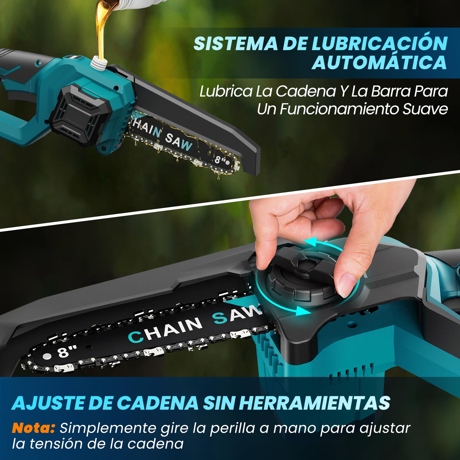 Anbull 2-en-1 8 Pulgadas Mini Motosierra de Pértiga Inalámbrica | Motosierra electrica telescopica 1200W Sin Esc, 2 baterías 4000mAh, alcance máx. 4,8 m, Ideal para poda y corte de ramas