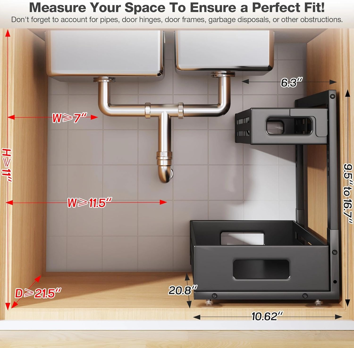 2 pack 21in-depth under sink organizer,pull out cabinet organizer with smooth cylindrical rail,metal slide out drawer for kitchen bathroom laundry,8-level tool free height adjustable-black 2 pack-21"dx9.5"-16.7"h black